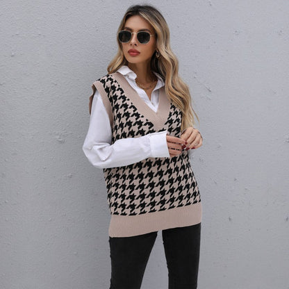 Damen Strickpullover V-Ausschnitt Hahnentrittmuster Eveloria