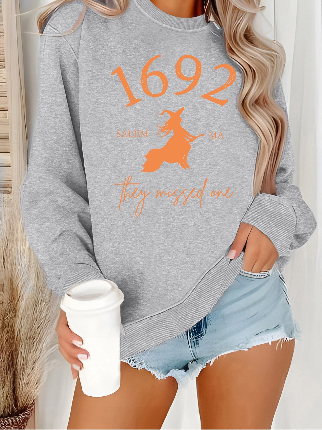 Damen Sweatshirt Witch-Motiv Baumwolle Gemütlich Grau