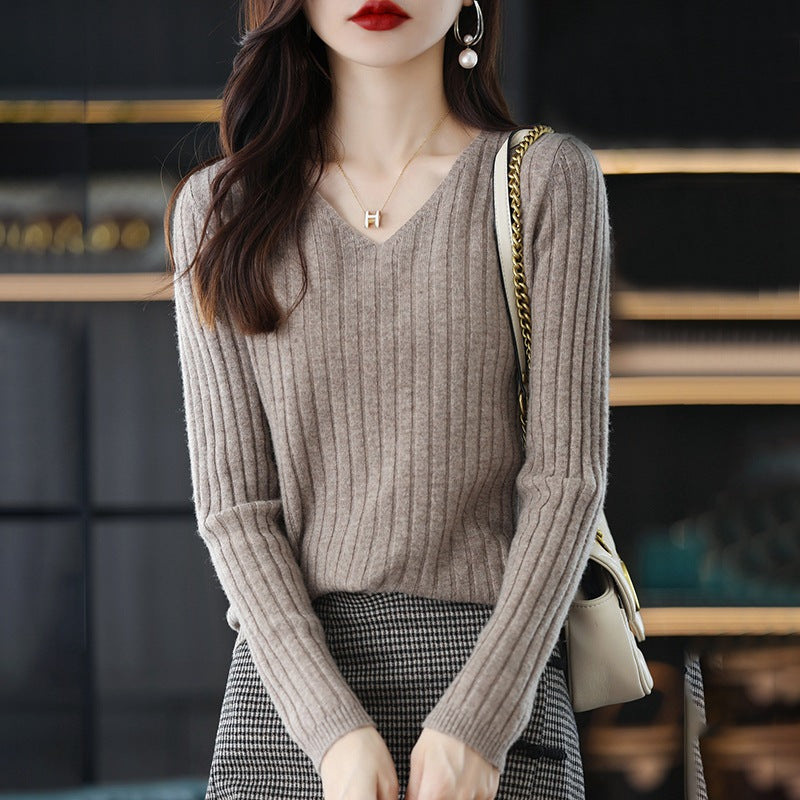 Damen Strickpullover V-Ausschnitt Feine Rippenstruktur Eveloria