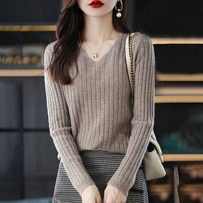 Damen Strickpullover V-Ausschnitt Feine Rippenstruktur Eveloria