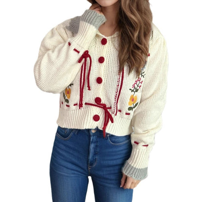 Damen Strickjacke Blumenstickerei Kordelzug
