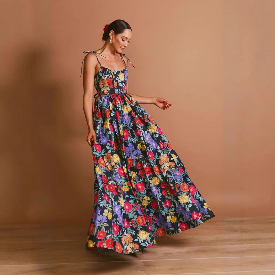 Damen Maxi-Kleid Langarm Floralmuster Rüschendetails