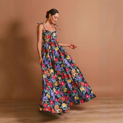 Damen Maxi-Kleid Langarm Floralmuster Rüschendetails