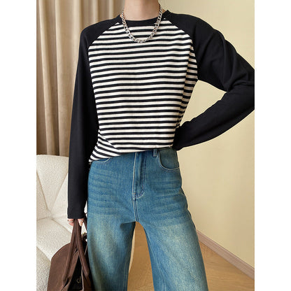 Damen Langarmshirt Gestreift Raglanärmel Modisch Weiß/Schwarz - Eveloria