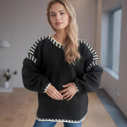 Damen Grobstrickpullover Lässiger Schnitt Gestreifte Ärmel - Eveloria