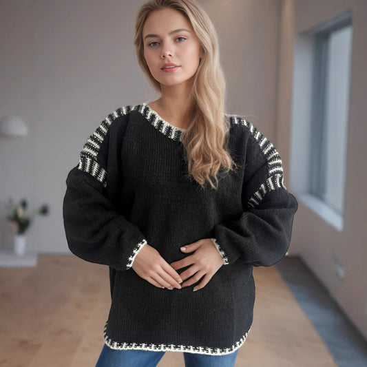 Damen Grobstrickpullover Lässiger Schnitt Gestreifte Ärmel - Eveloria
