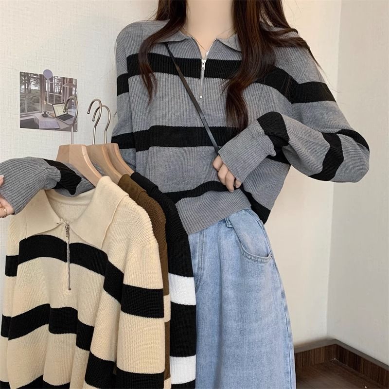 Damen Strickpullover Streifenmuster Reißverschluss - Eveloria