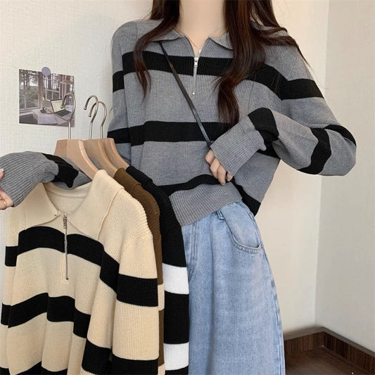 Damen Strickpullover Streifenmuster Reißverschluss - Eveloria
