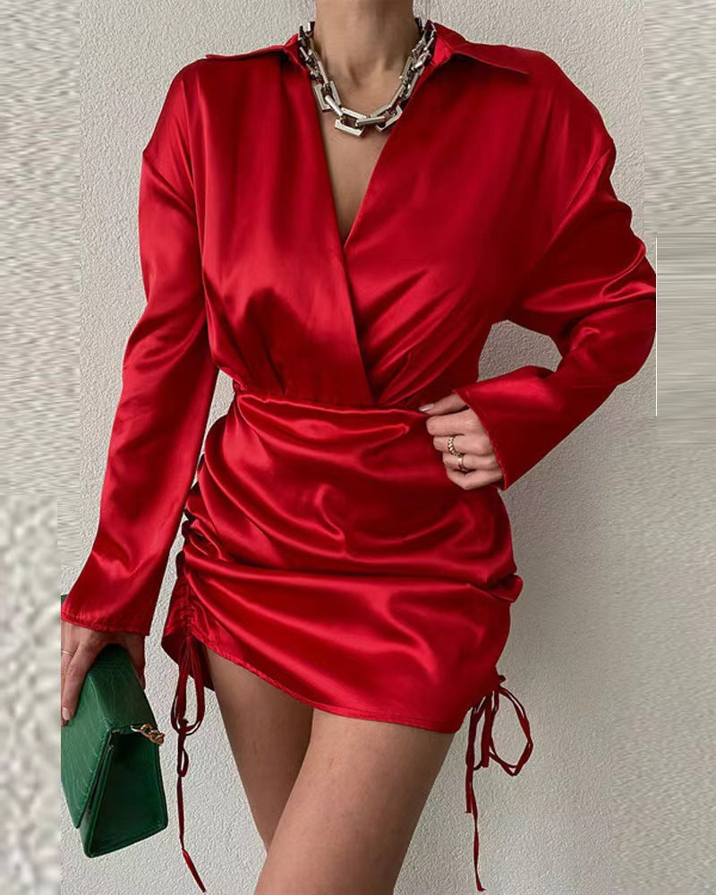 Damen Wickelkleid Langarm Verstellbarer Saum Eveloria