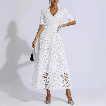 Damen Midi Kleid Floral Stickerei V-Ausschnitt
