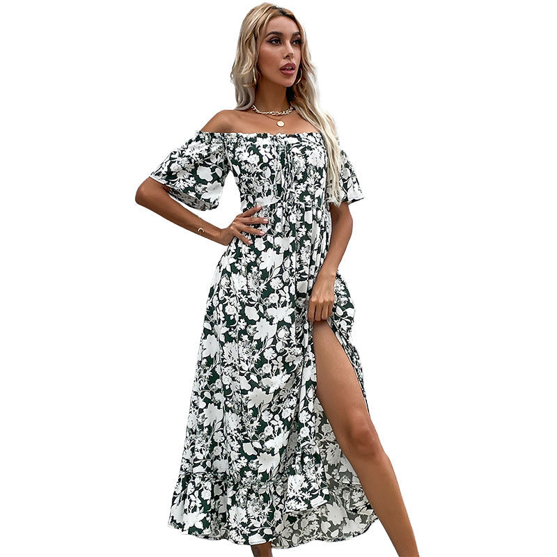 Damen Maxikleid Off-Shoulder Floralmuster Verspielter Schlitz