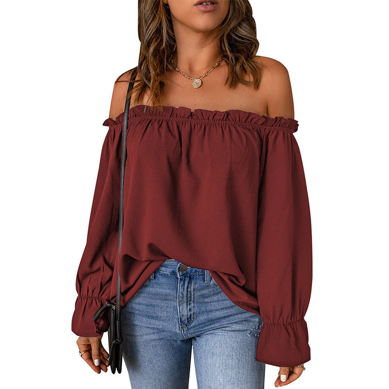 Damen Off-Shoulder Bluse Volantärmel Dekorativer Saum Eveloria