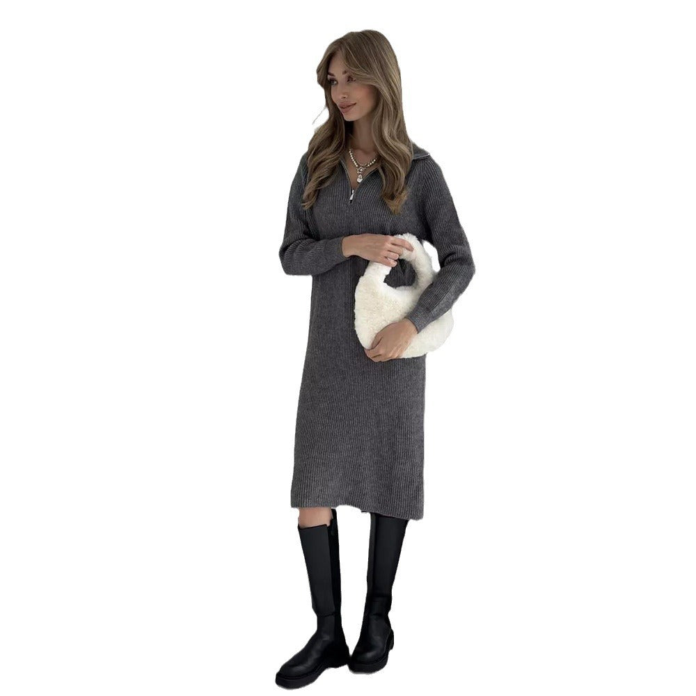 Damen Strickkleid Stehkragen Reißverschluss Eveloria