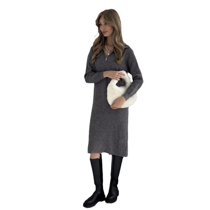 Damen Strickkleid Stehkragen Reißverschluss Eveloria