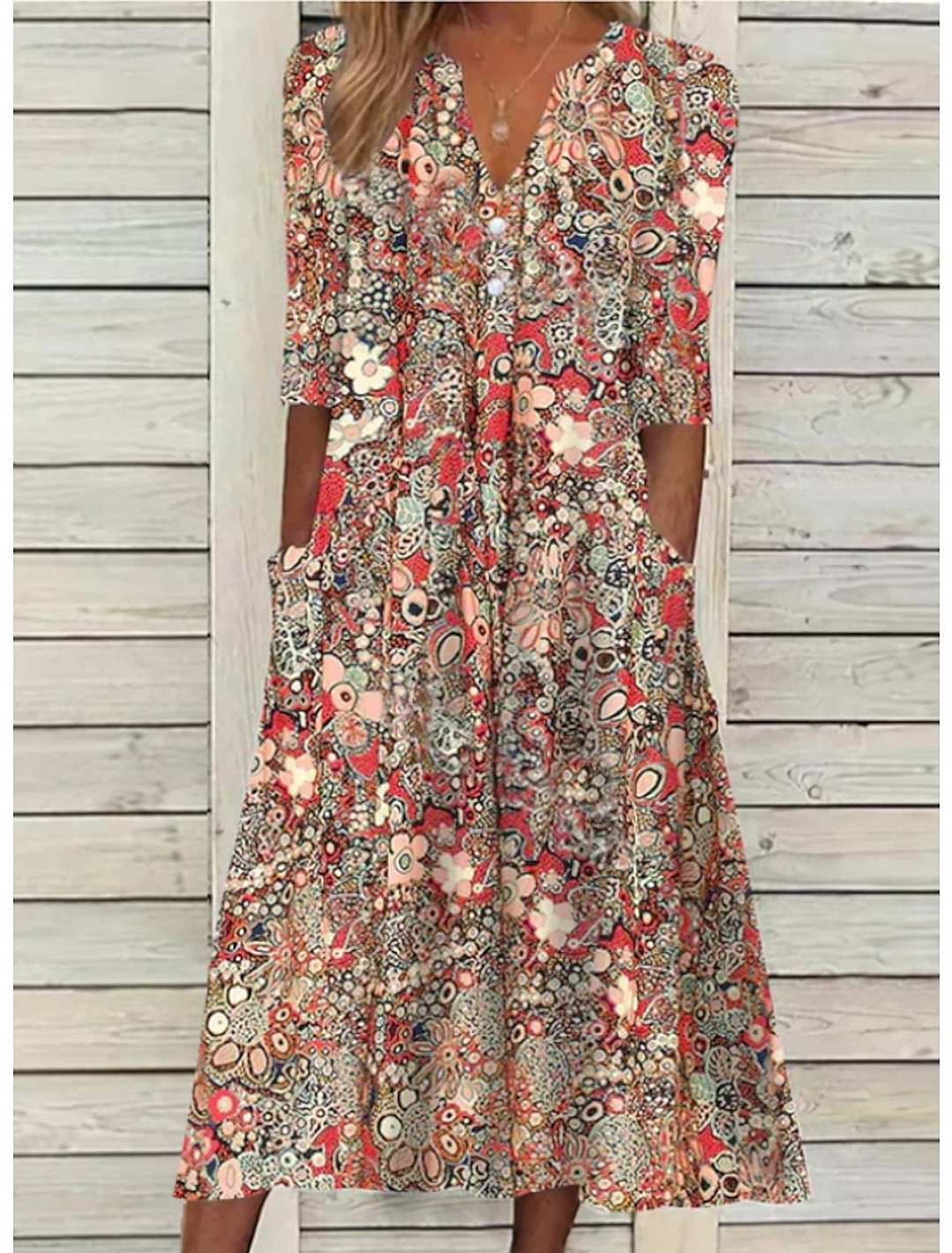 Eveloria Damen Midi Kleid mit Taschen Blumenmuster