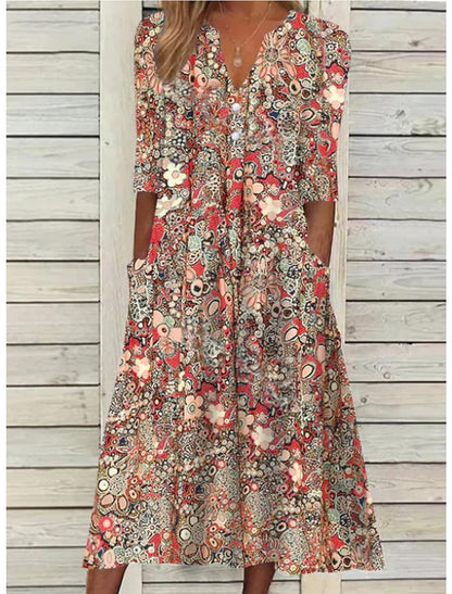 Eveloria Damen Midi Kleid mit Taschen Blumenmuster