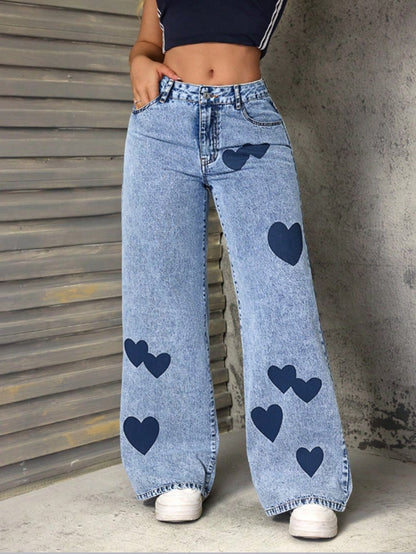 Damen Weite Jeans Herzen-Applikationen Eveloria