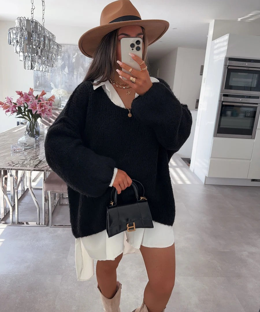 Damen Oversized Pullover Weich Voluminöse Ärmel Beige Eveloria