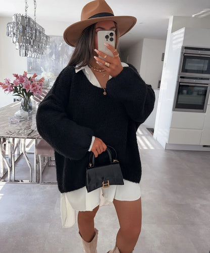 Damen Oversized Pullover Weich Voluminöse Ärmel Beige Eveloria