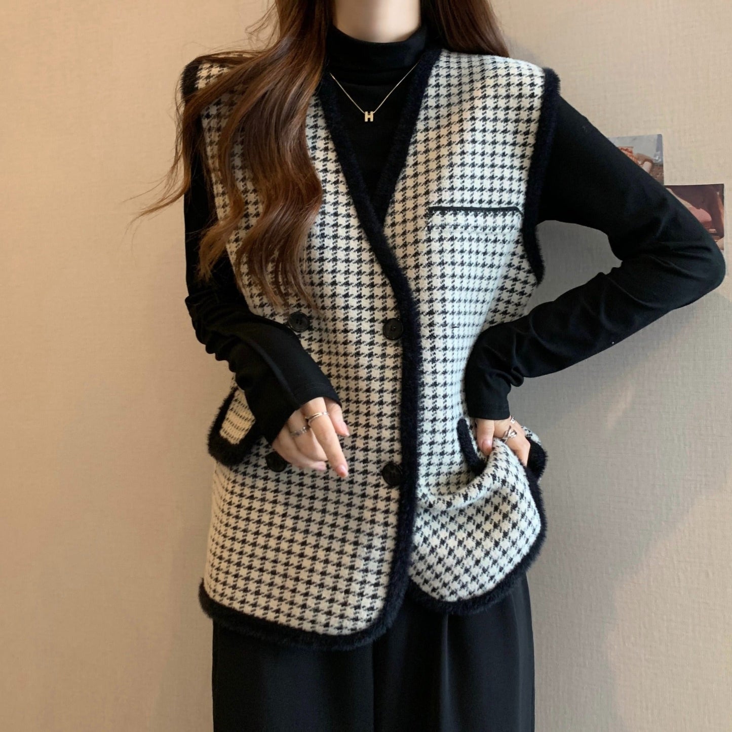 Damen Strickweste Karomuster Mit Taschen Anthrazit