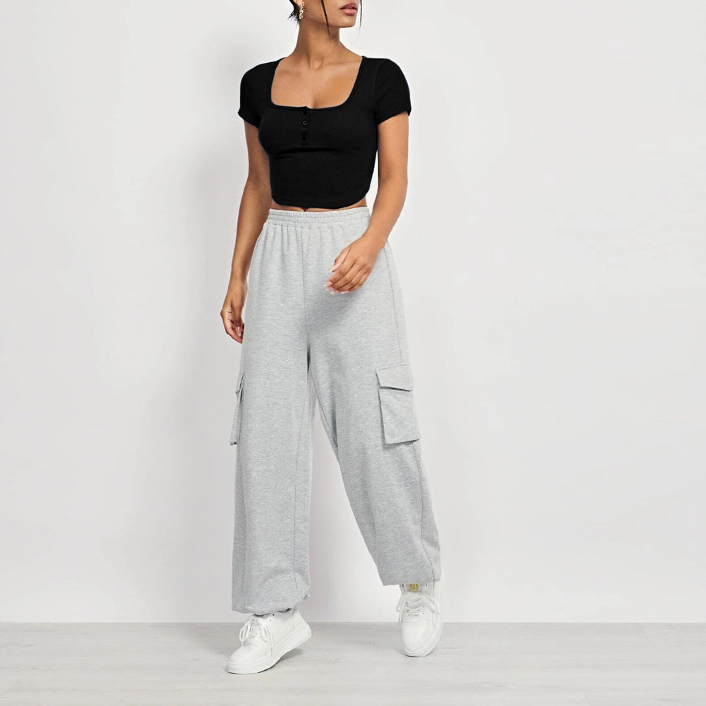 Damen Cropped Quadratischer Ausschnitt Knopfleiste