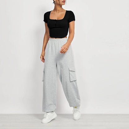 Damen Cropped Quadratischer Ausschnitt Knopfleiste