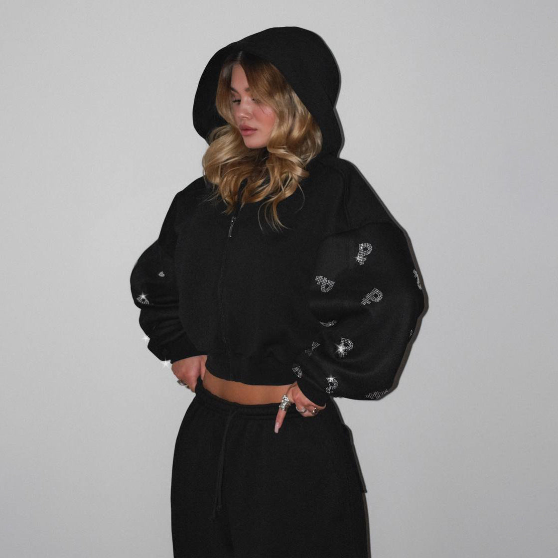 Damen Sweat-Hoodie Sportlich Puffärmel Grau Eveloria