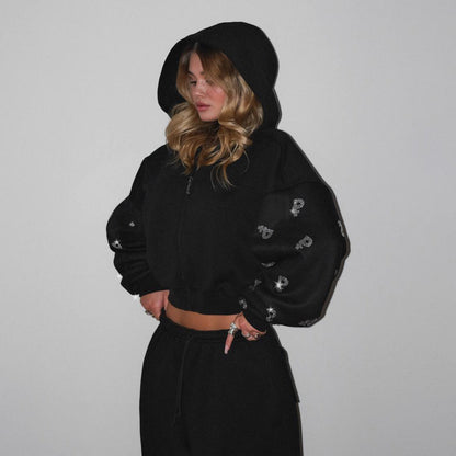 Damen Sweat-Hoodie Sportlich Puffärmel Grau Eveloria