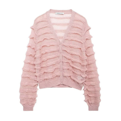 Damen Strickjacke Voluminöse Rüschendetails