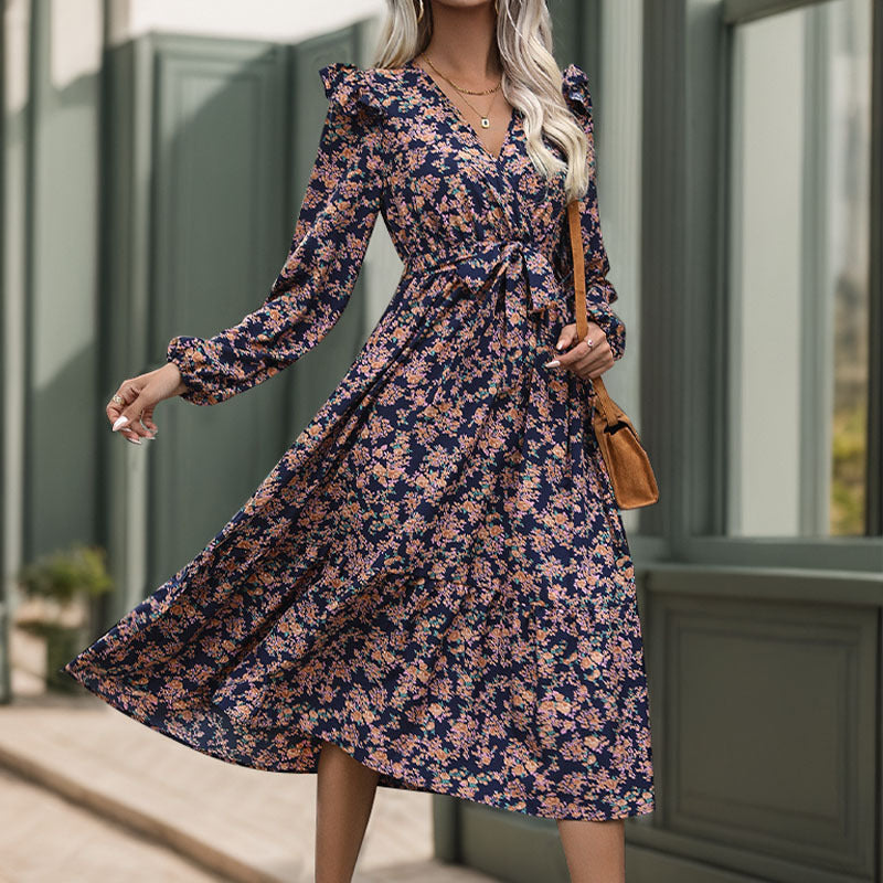 Damen Midi-Kleid Floralmuster Rüschen Elegant