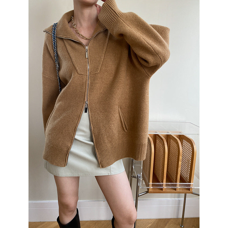 Damen Strickjacke Lässig Hochkragen Seitentaschen Eveloria