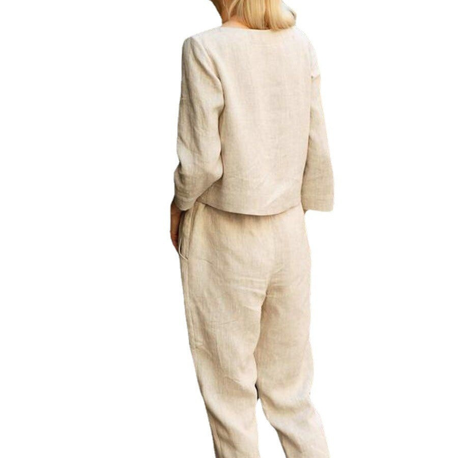Damen Leinen-Set Zweiteilig mit Oberteil und Hose Beige