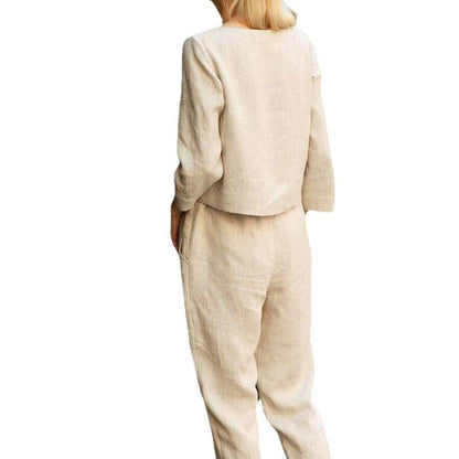 Damen Leinen-Set Zweiteilig mit Oberteil und Hose Beige