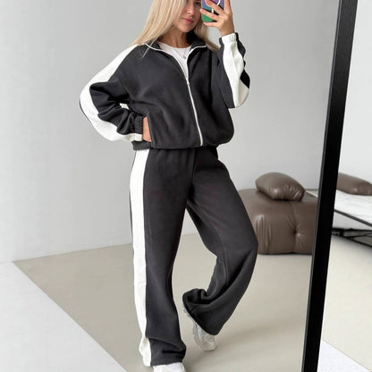 Damen Fleece-Jogginganzug Sportlich Mit Streifen Hocher Kragen