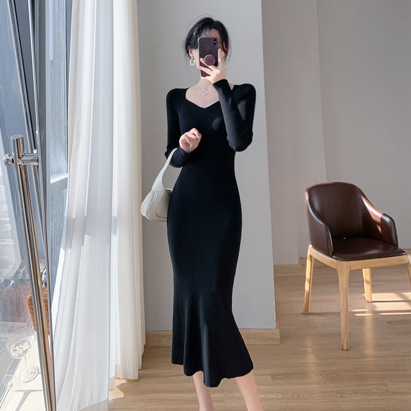 Damen Strickkleid V-Ausschnitt Elegantes Design