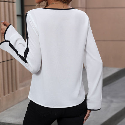Damen Bluse mit Bindegürtel Gestreifte Ärmel Eveloria