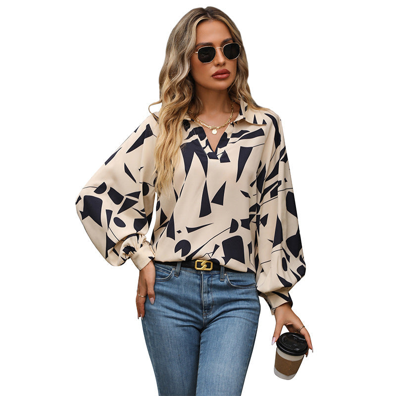 Damen Bluse Geometrisches Muster Voluminöse Ärmel