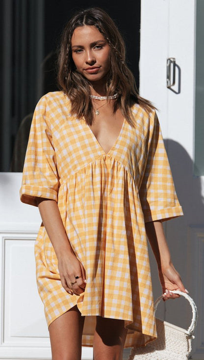 Damen Karomuster Kleid V-Ausschnitt Volant