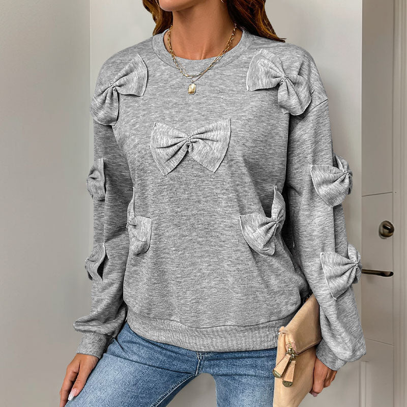 Damen Sweatshirt Lässiger Schnitt Verspielte Schleifen Details Grau - Eveloria