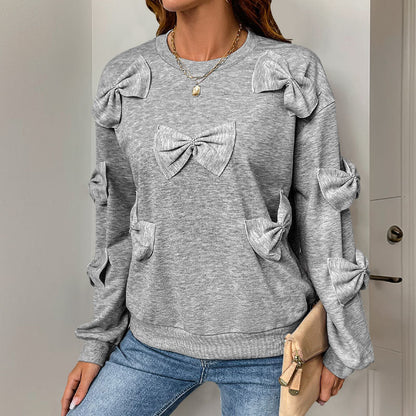 Damen Sweatshirt Lässiger Schnitt Verspielte Schleifen Details Grau - Eveloria