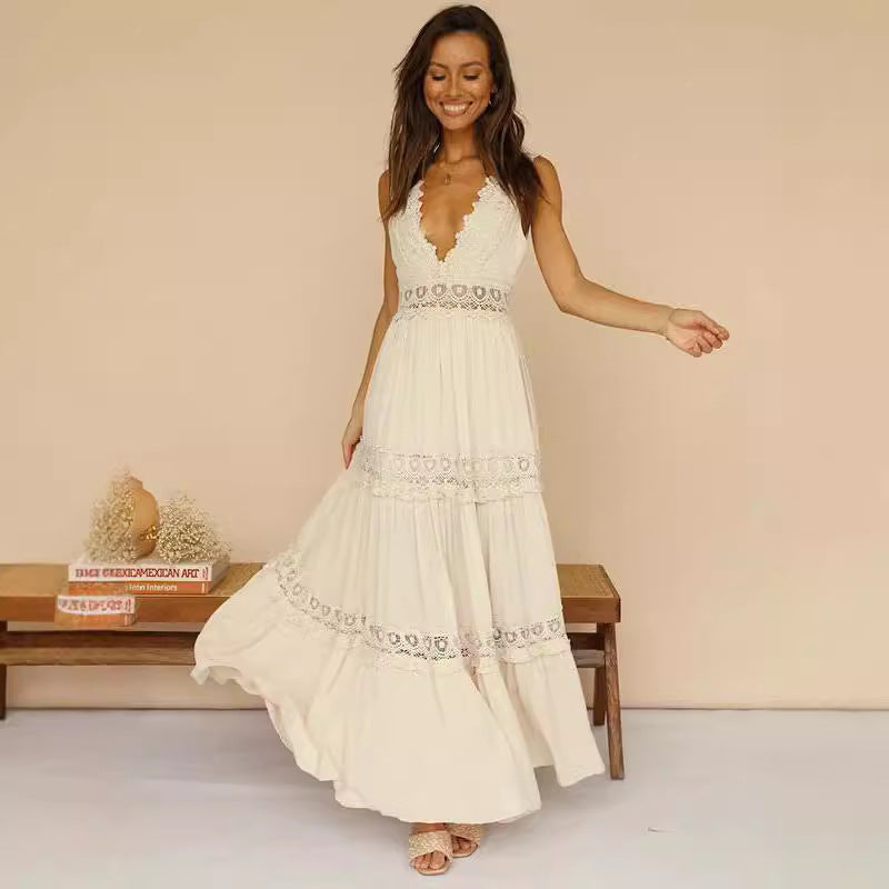Damen Maxikleid V-Ausschnitt Häkelapplikationen
