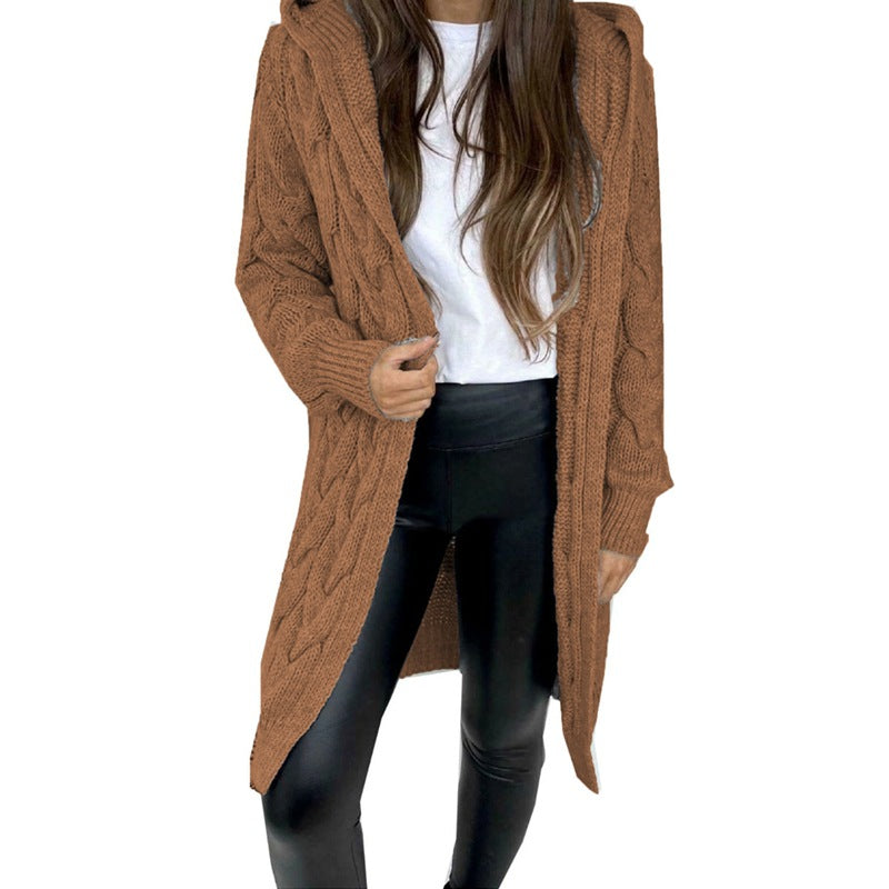 Damen Strickmantel mit Kapuze Kabelmuster Beige