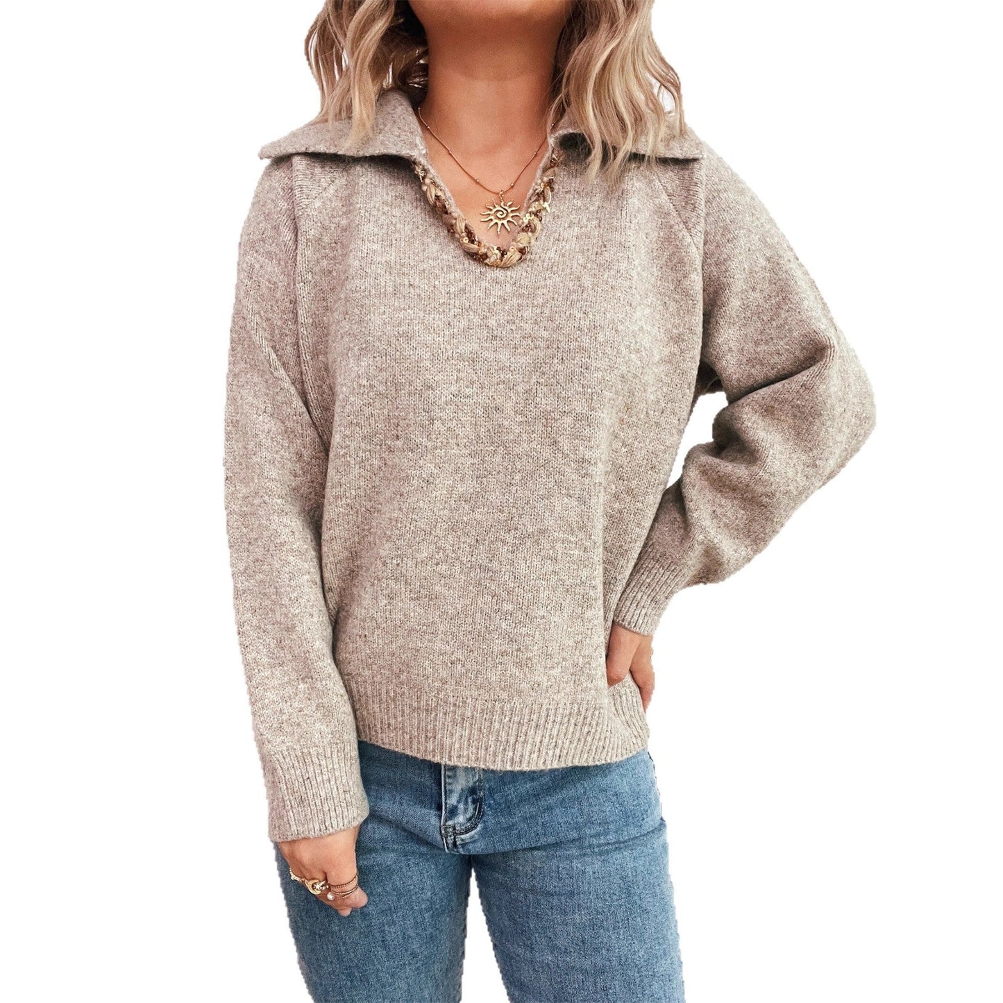 Damen Pullover Weich Strukturiert Dekorativer Kragen Beige