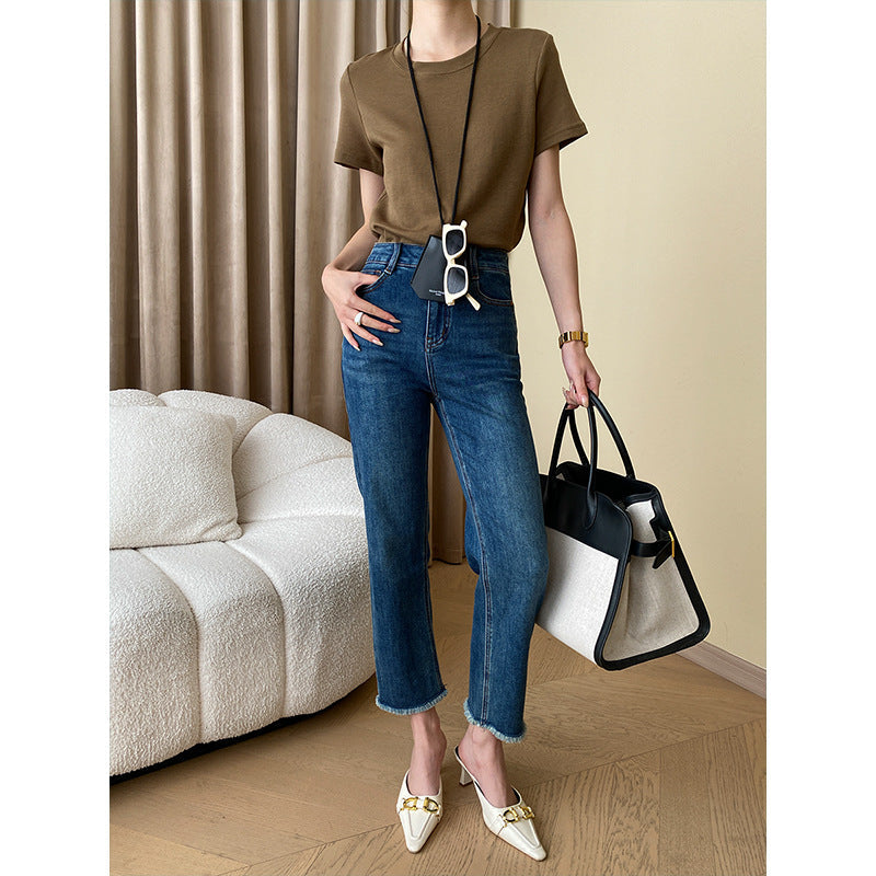 Damen High-Waist Jeans Fransige Säume Eveloria