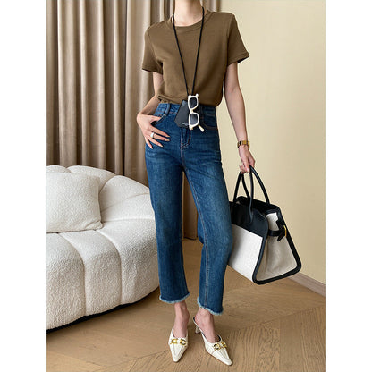 Damen High-Waist Jeans Fransige Säume Eveloria