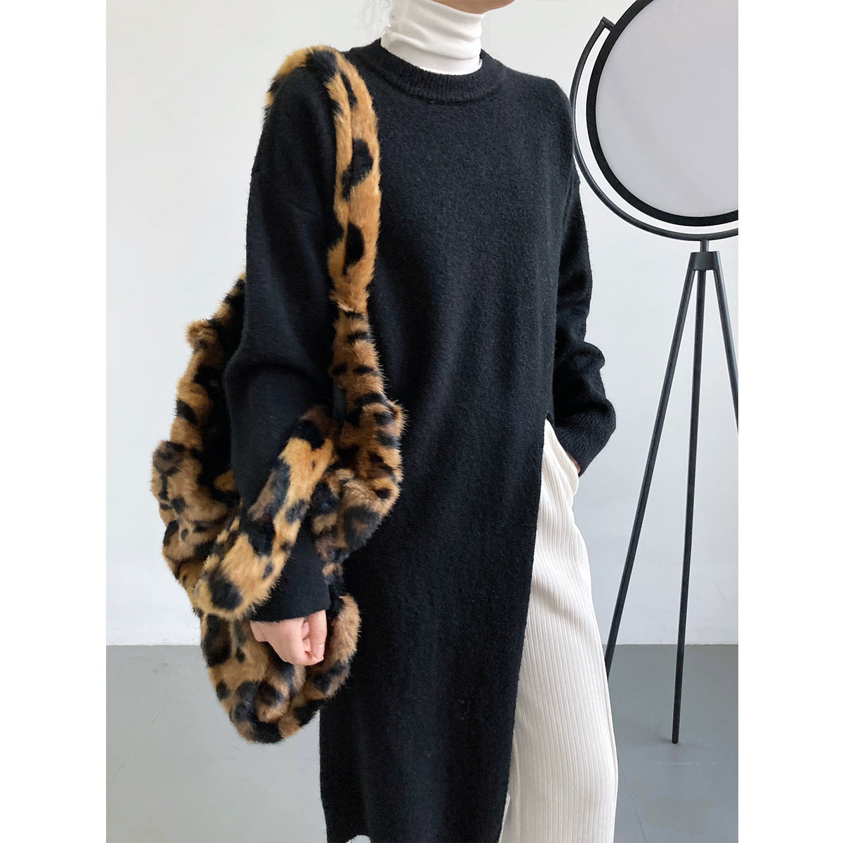 Damen Strickpullover Lang Lockere Passform Beige