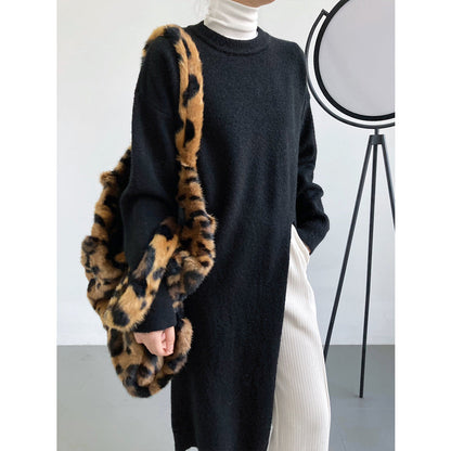 Damen Strickpullover Lang Lockere Passform Beige