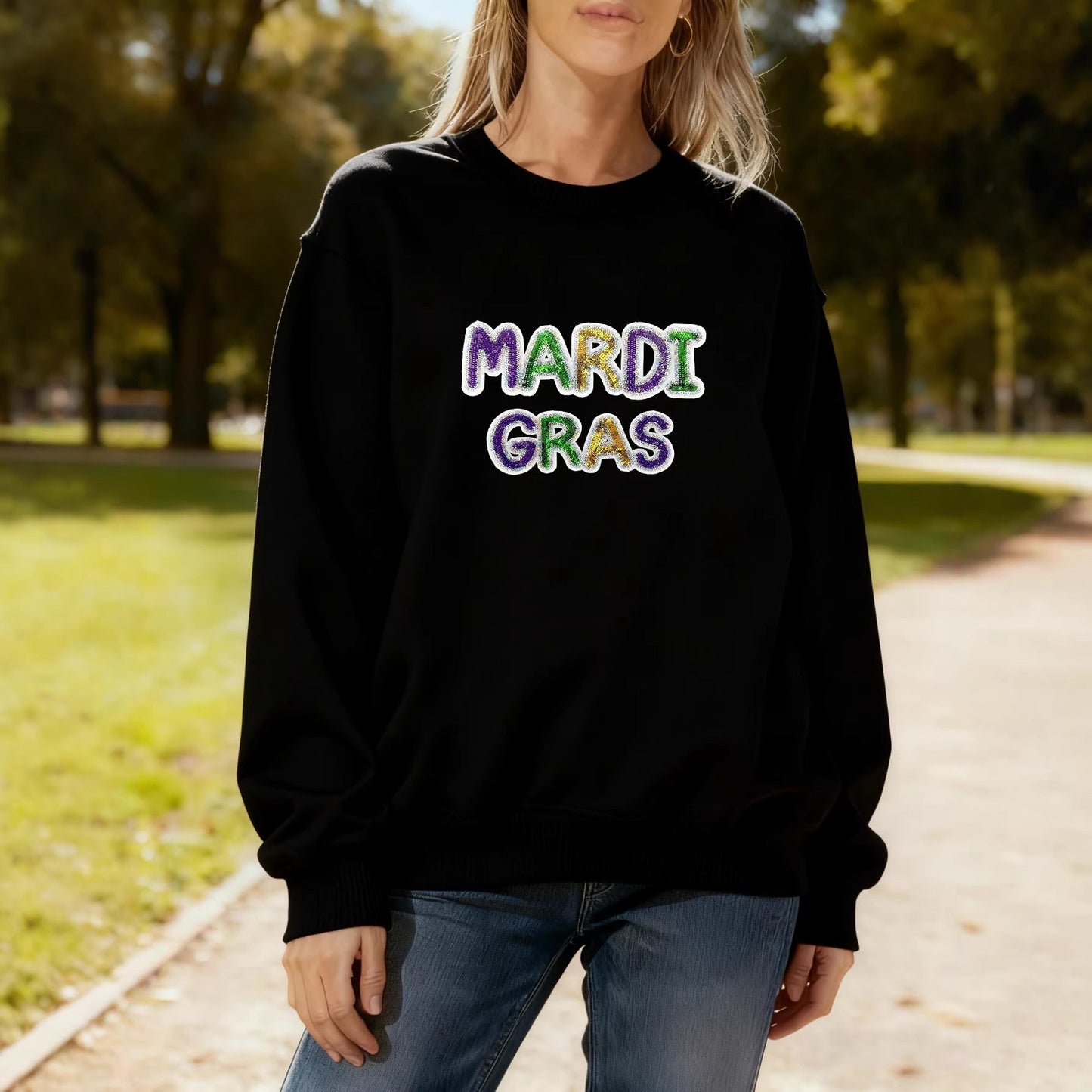 Damen Sweatshirt Mardi Gras Schriftzug Eveloria