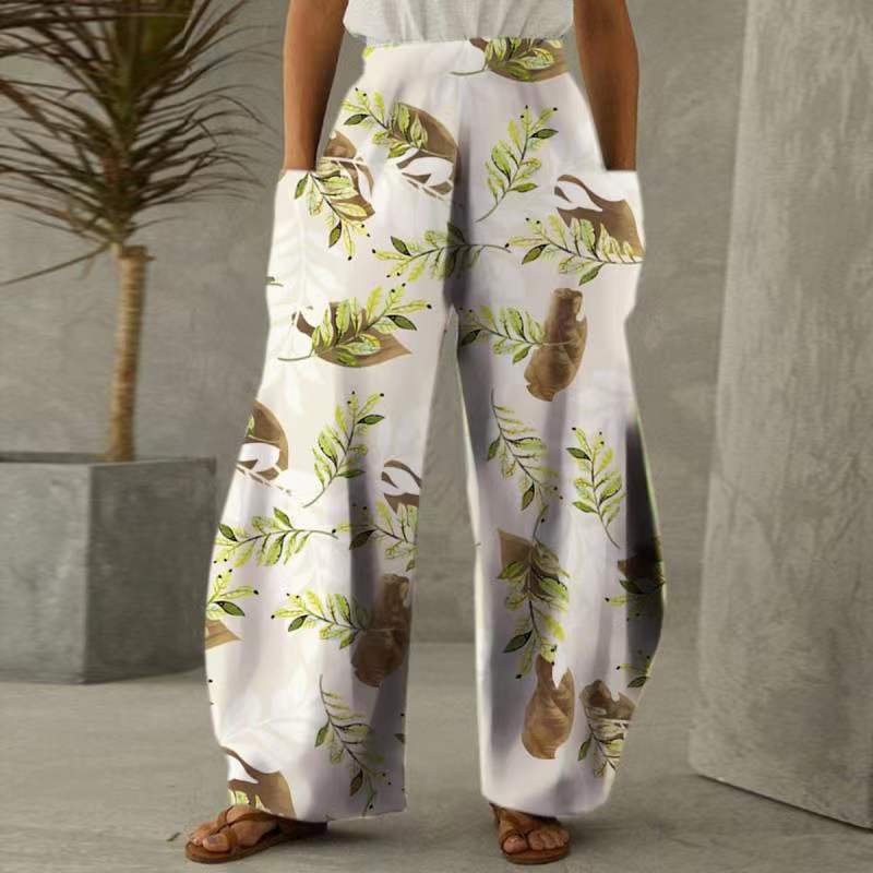 Damen Blumenhosen Weite mit Taschen Elastischer Bund