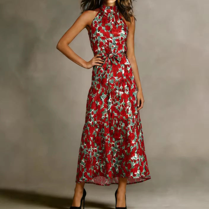Damen Maxikleid Floralmuster Schmal Taillengürtel Eveloria